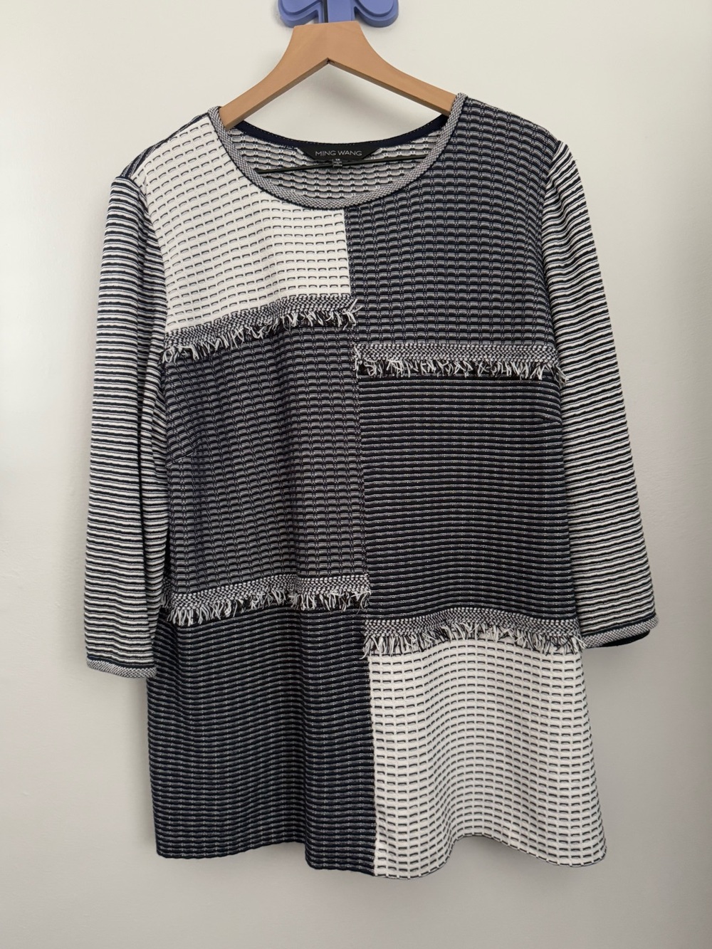 Ming Wang 1X Knit Pullover Colorblock Stripe Fray Black White Office